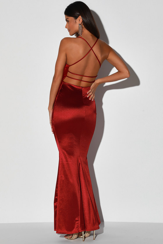 Wine Red Maxi Dress - Satin Maxi Gown ...